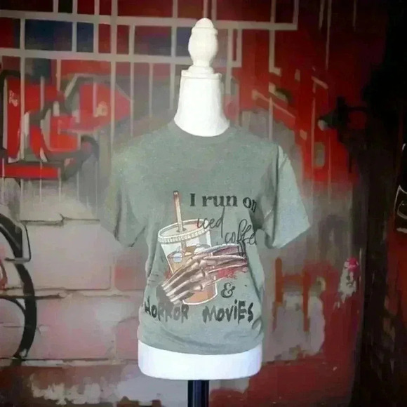 Home Made Tops - Green Homemade-Shirt (Coffee & Horror Movies) Size S
